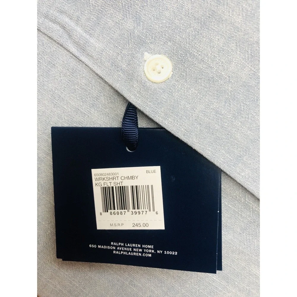 Ralph Lauren Sheet Set King Workshirt Chambray Blue Fitted/Flat 2pc NEW